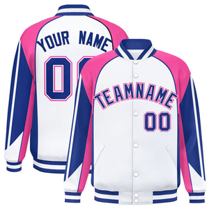 Custom White Pink Varsity Full-Snap Personalized Raglan Sleeves Color Block Letterman Jacket