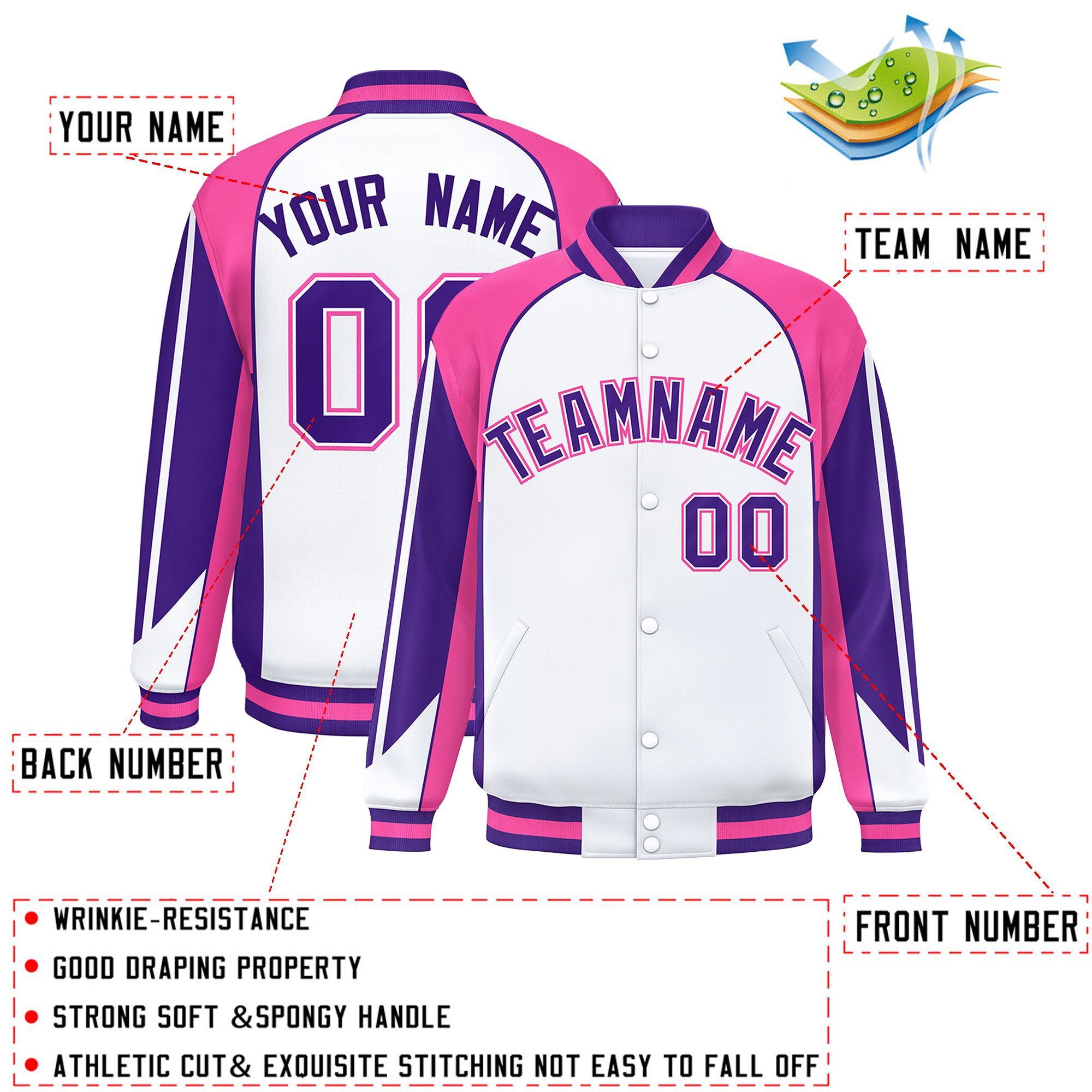 Custom White Pink Varsity Full-Snap Personalized Raglan Sleeves Color Block Letterman Jacket