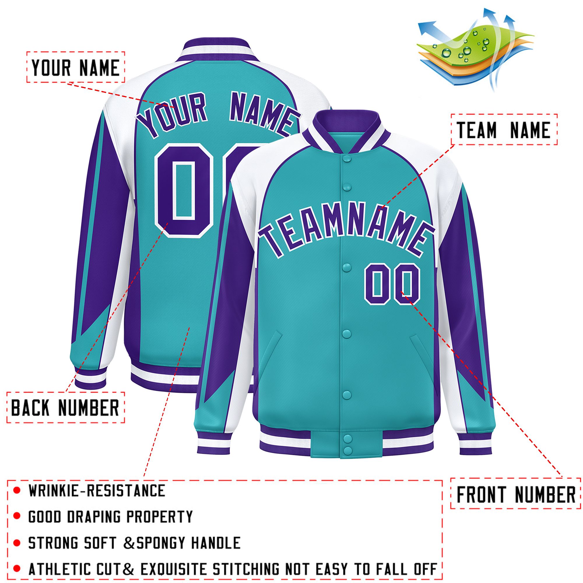 Custom Aqua White Varsity Full-Snap Personalized Raglan Sleeves Color Block Letterman Jacket