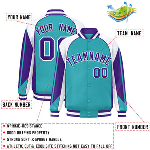 Custom Aqua White Varsity Full-Snap Personalized Raglan Sleeves Color Block Letterman Jacket