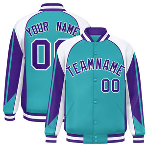 Custom Aqua White Varsity Full-Snap Personalized Raglan Sleeves Color Block Letterman Jacket