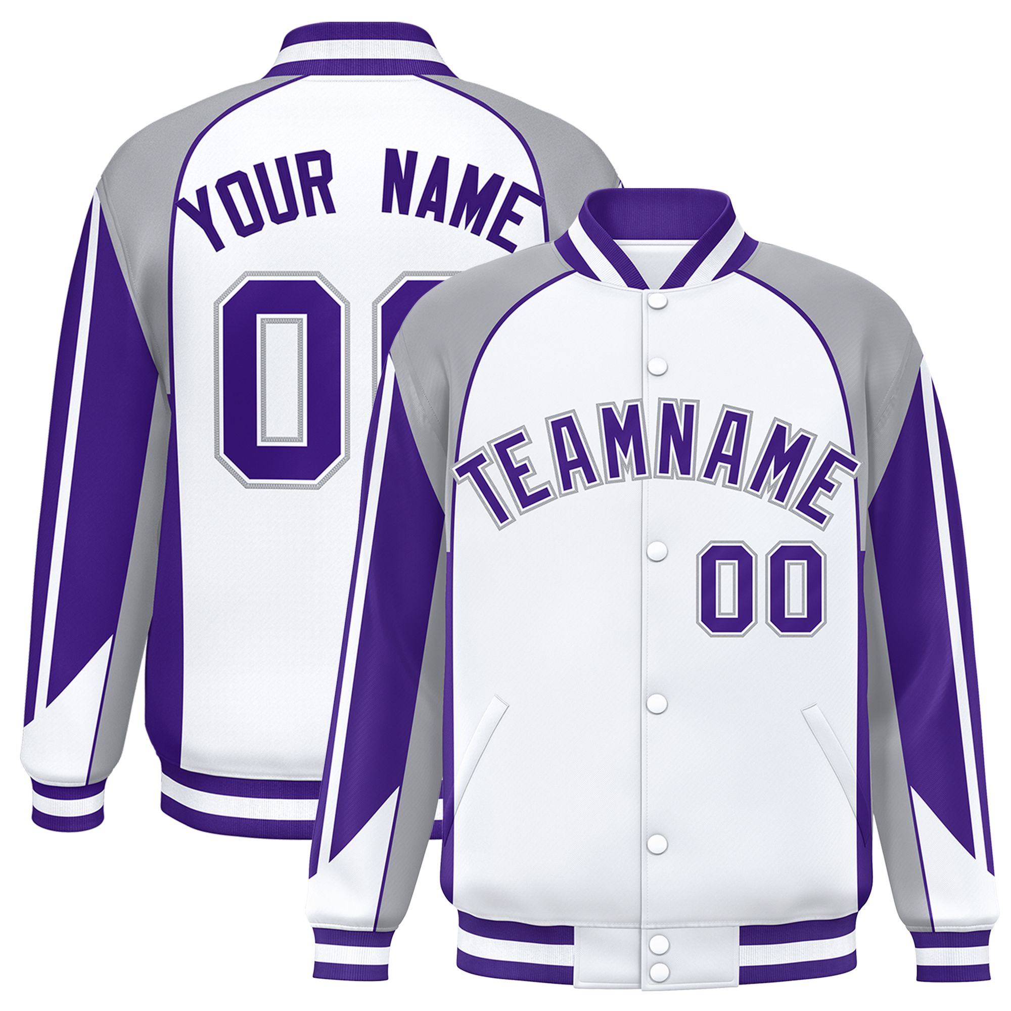 Custom White Gray Varsity Full-Snap Personalized Raglan Sleeves Color Block Letterman Jacket