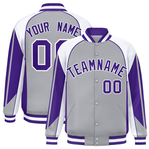 Custom Gray White Varsity Full-Snap Personalized Raglan Sleeves Color Block Letterman Jacket