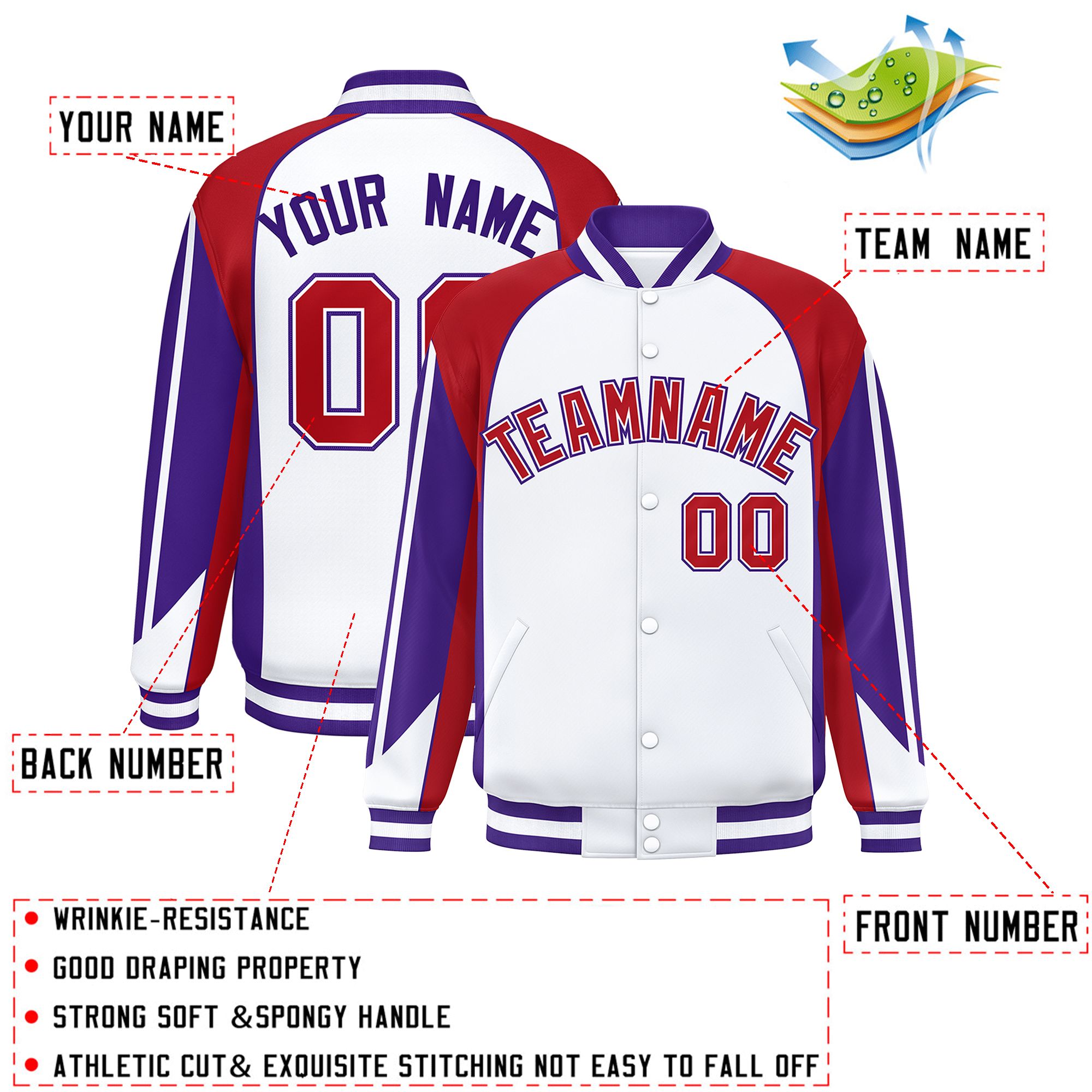 Custom White Red Varsity Full-Snap Personalized Raglan Sleeves Color Block Letterman Jacket