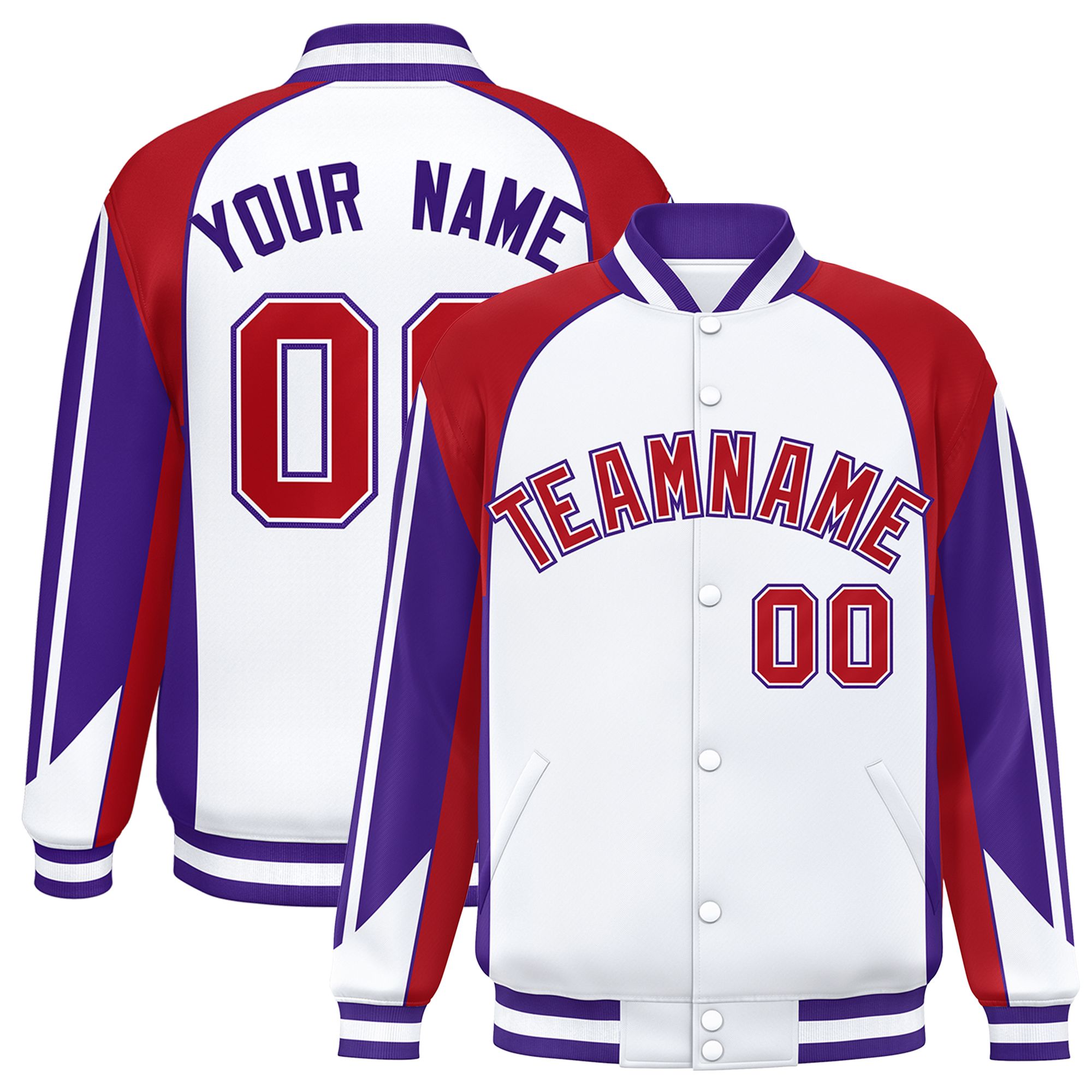 Custom White Red Varsity Full-Snap Personalized Raglan Sleeves Color Block Letterman Jacket