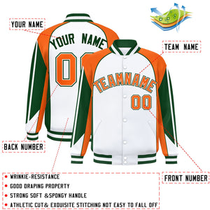 Custom White Orange Varsity Full-Snap Personalized Raglan Sleeves Color Block Letterman Jacket