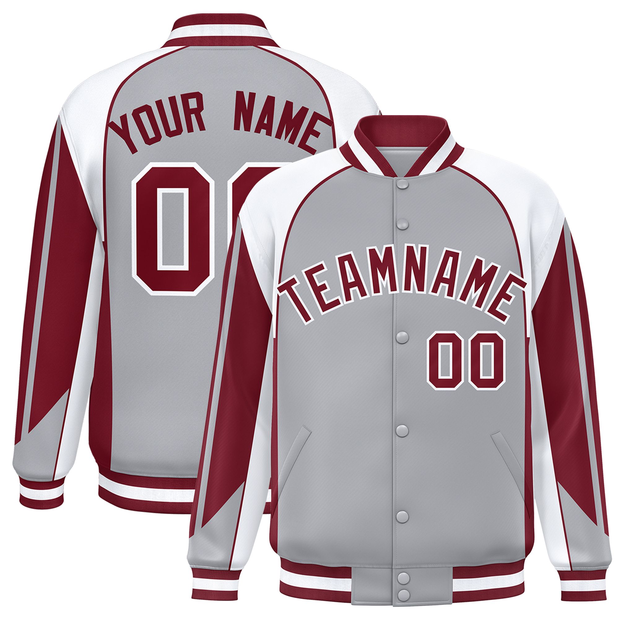 Custom Gray White Varsity Full-Snap Personalized Raglan Sleeves Color Block Letterman Jacket