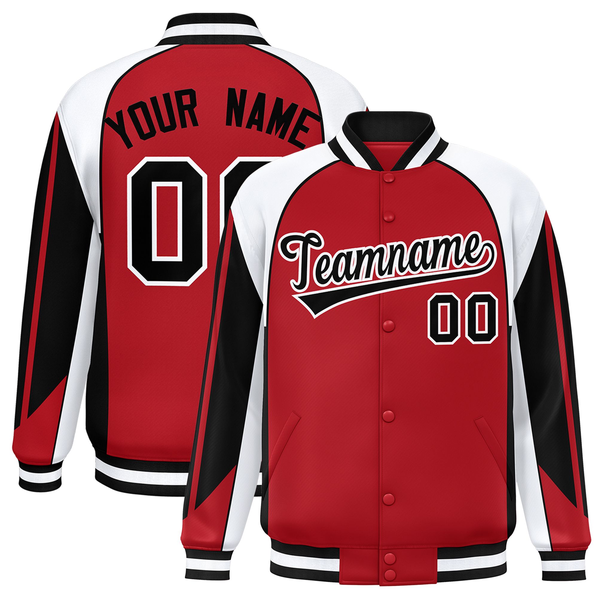 Custom Red White Varsity Full-Snap Personalized Raglan Sleeves Color Block Letterman Jacket