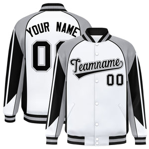 Custom White Gray Varsity Full-Snap Personalized Raglan Sleeves Color Block Letterman Jacket