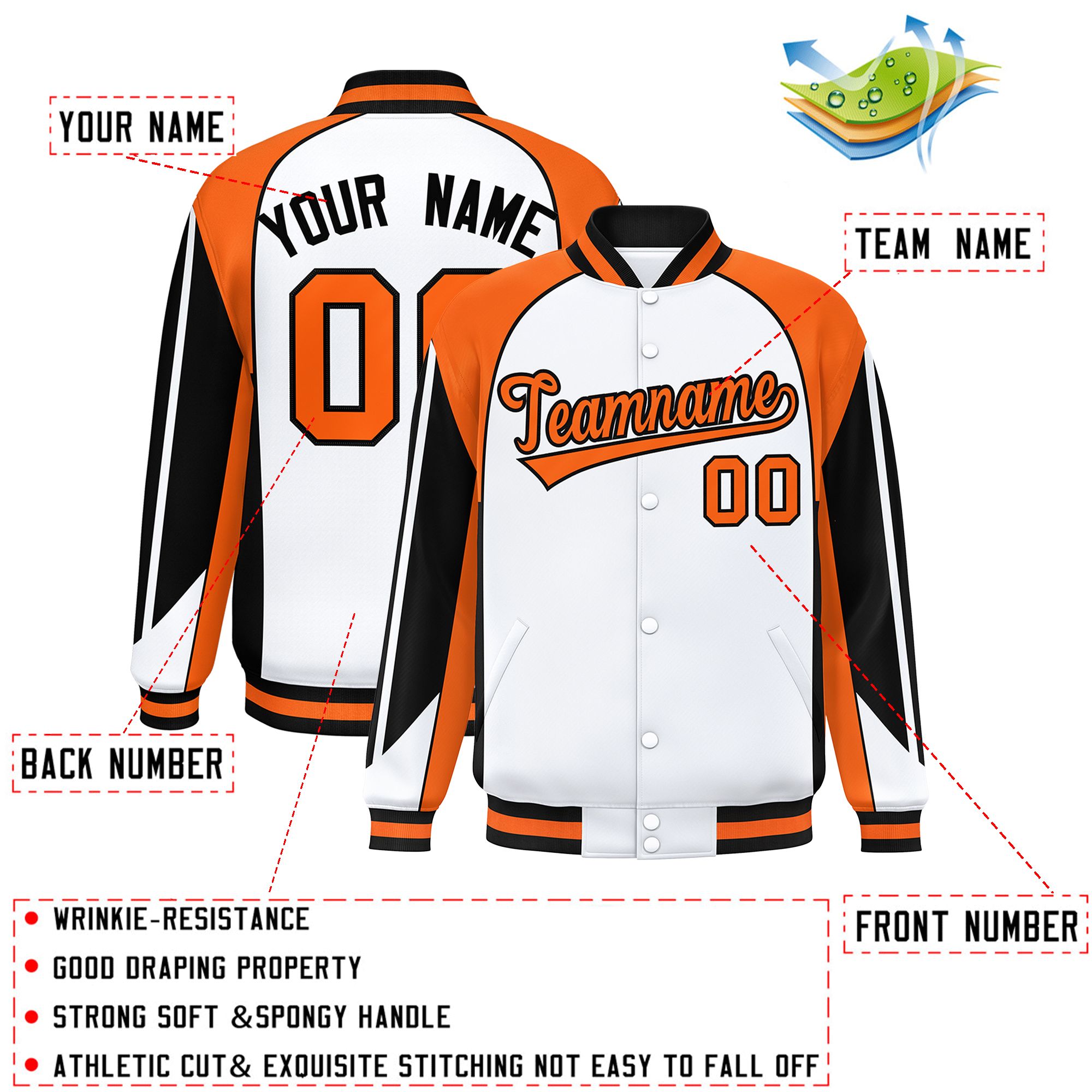 Custom White Orange Varsity Full-Snap Personalized Raglan Sleeves Color Block Letterman Jacket