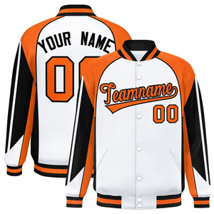 Custom White Orange Varsity Full-Snap Personalized Raglan Sleeves Color Block Letterman Jacket