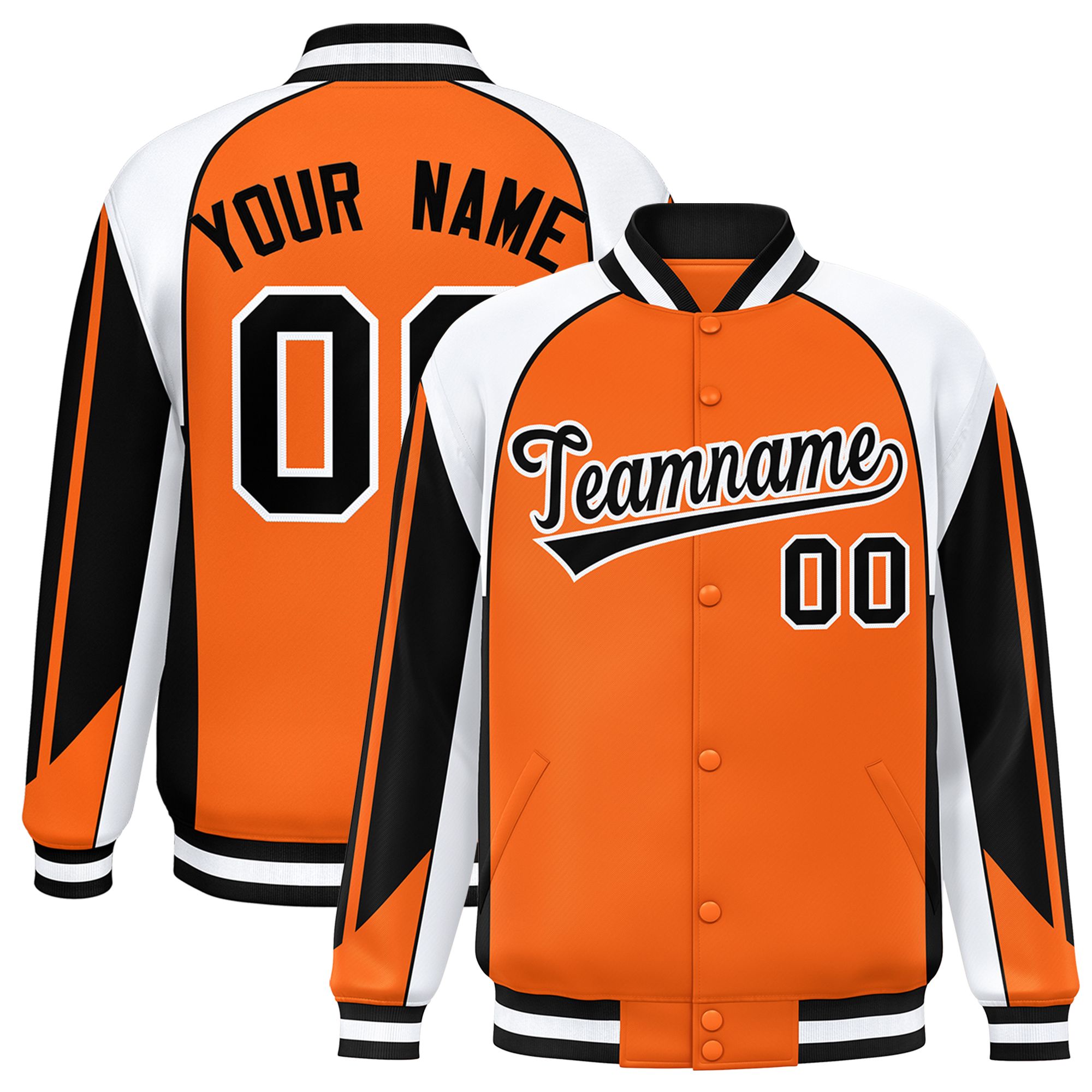 Custom Orange White Varsity Full-Snap Personalized Raglan Sleeves Color Block Letterman Jacket