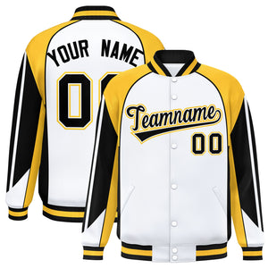 Custom White Gold Varsity Full-Snap Personalized Raglan Sleeves Color Block Letterman Jacket