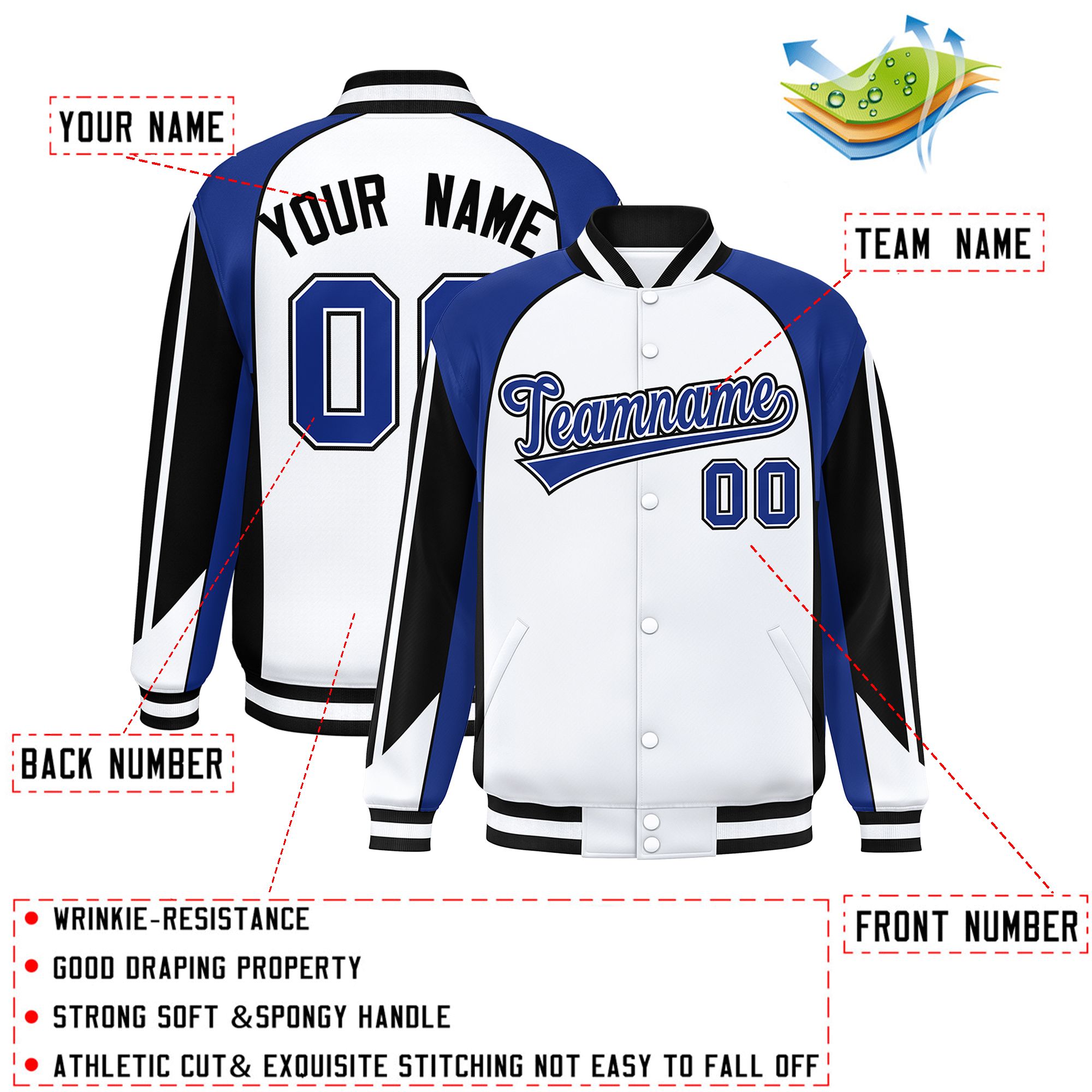 Custom White Royal Varsity Full-Snap Personalized Raglan Sleeves Color Block Letterman Jacket