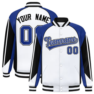 Custom White Royal Varsity Full-Snap Personalized Raglan Sleeves Color Block Letterman Jacket