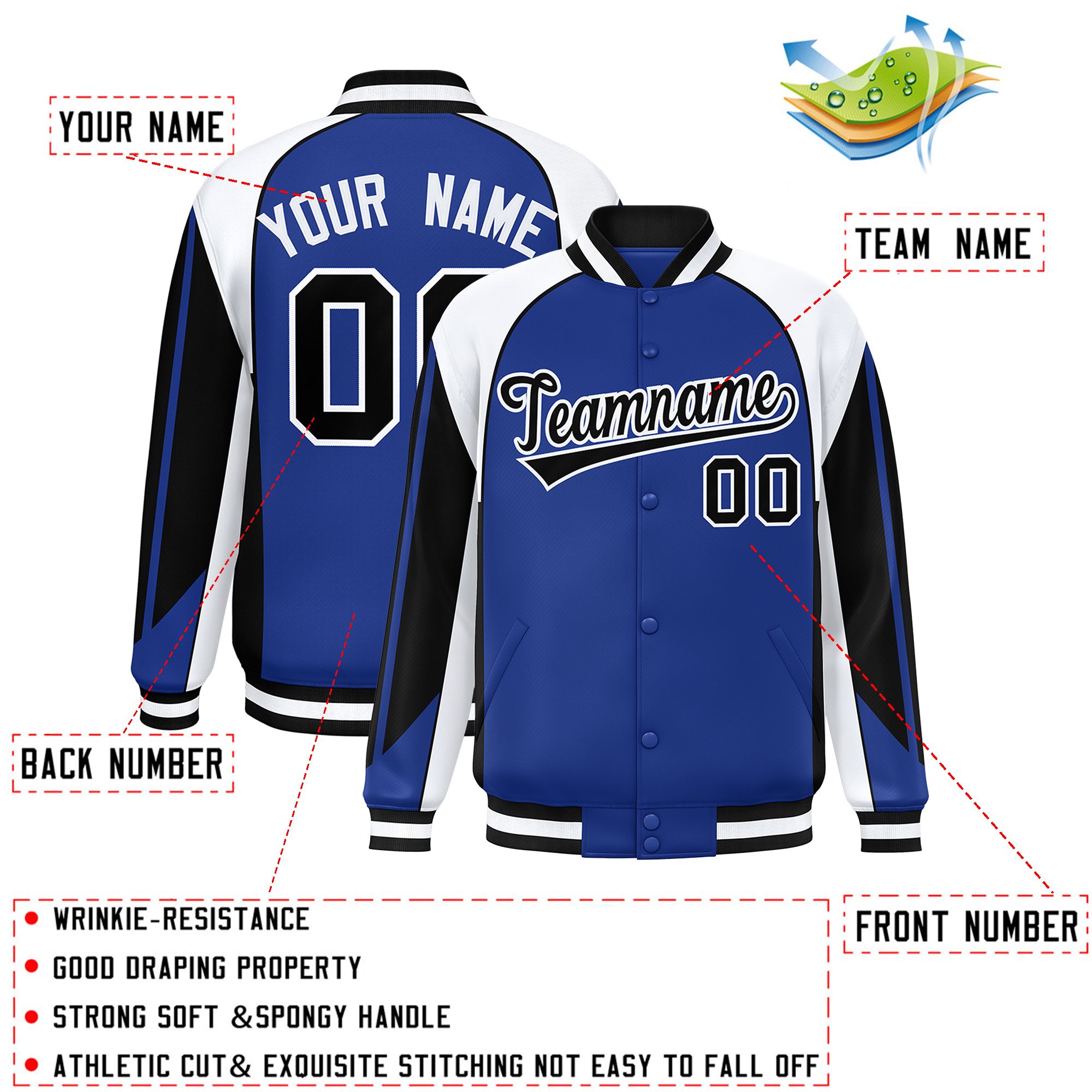 Custom Royal White Varsity Full-Snap Personalized Raglan Sleeves Color Block Letterman Jacket