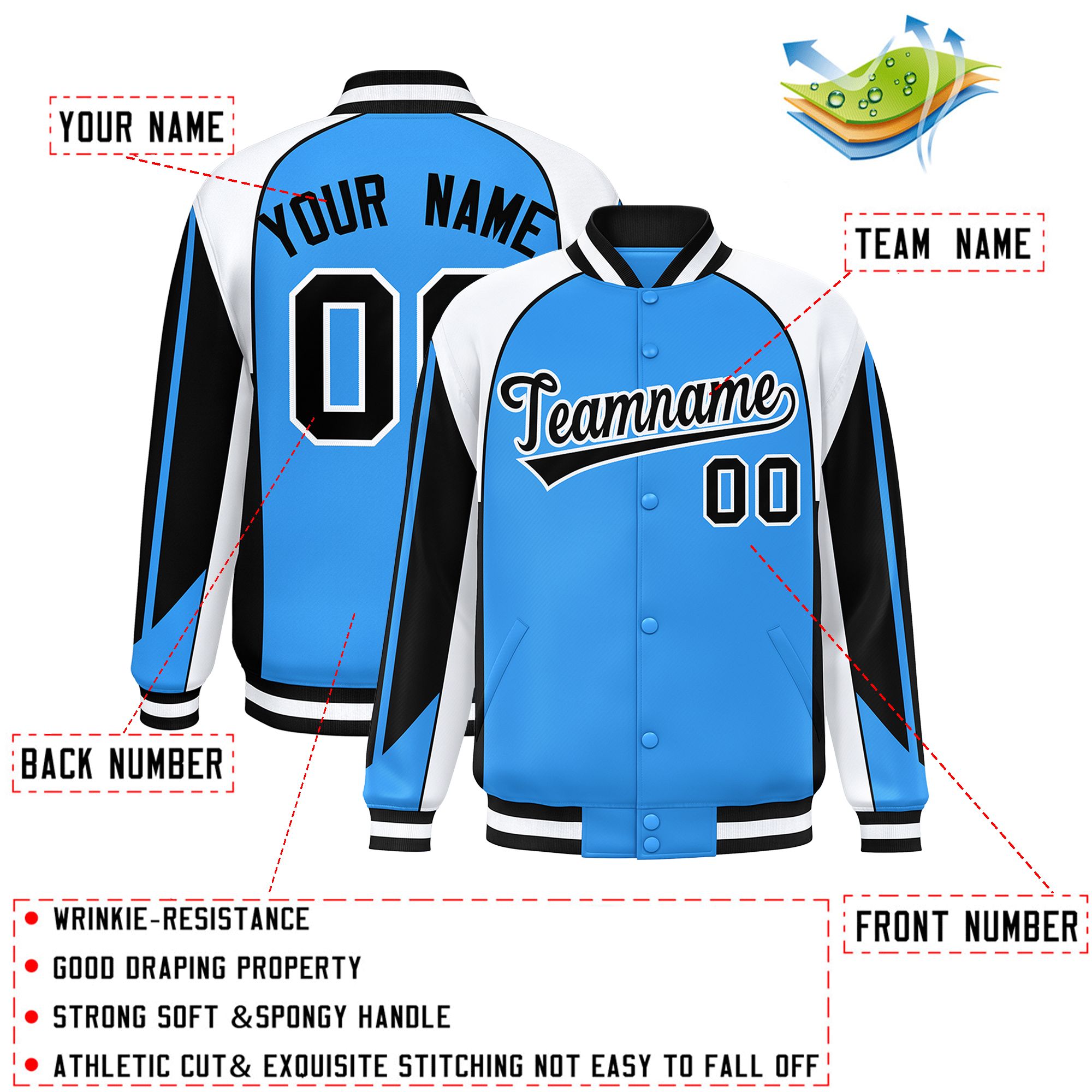 Custom Powder Blue White Varsity Full-Snap Personalized Raglan Sleeves Color Block Letterman Jacket