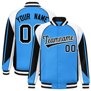 Custom Powder Blue White Varsity Full-Snap Personalized Raglan Sleeves Color Block Letterman Jacket