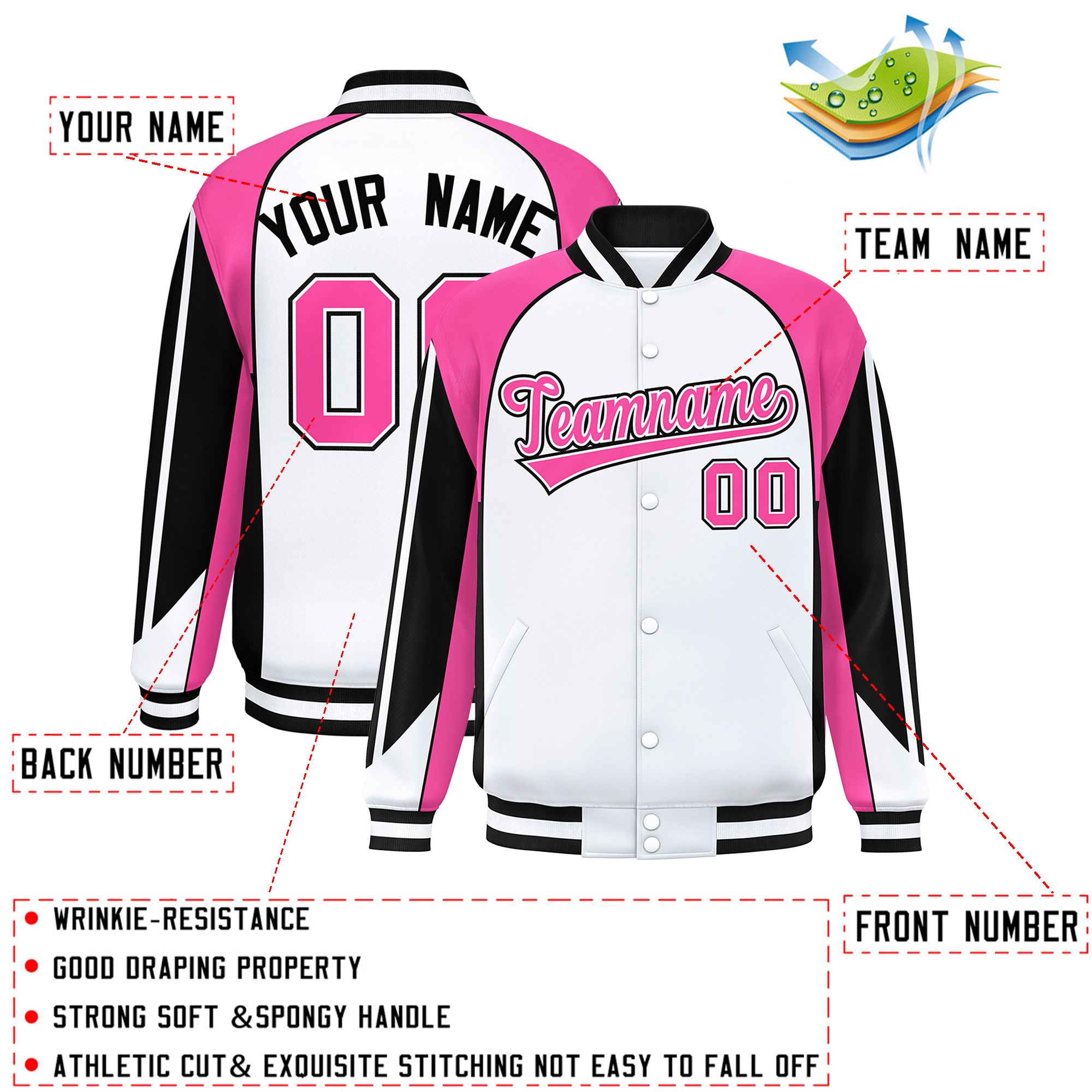 Custom White Pink Varsity Full-Snap Personalized Raglan Sleeves Color Block Letterman Jacket