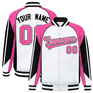 Custom White Pink Varsity Full-Snap Personalized Raglan Sleeves Color Block Letterman Jacket