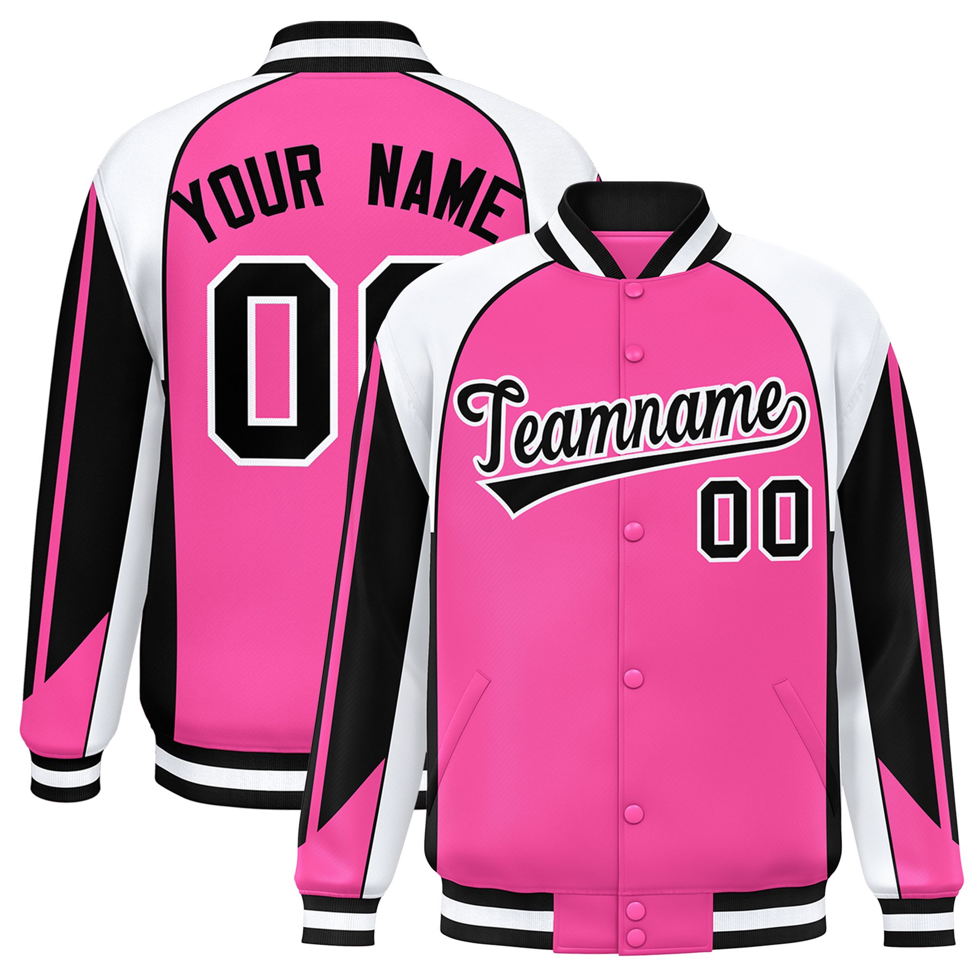 Custom Pink White Varsity Full-Snap Personalized Raglan Sleeves Color Block Letterman Jacket