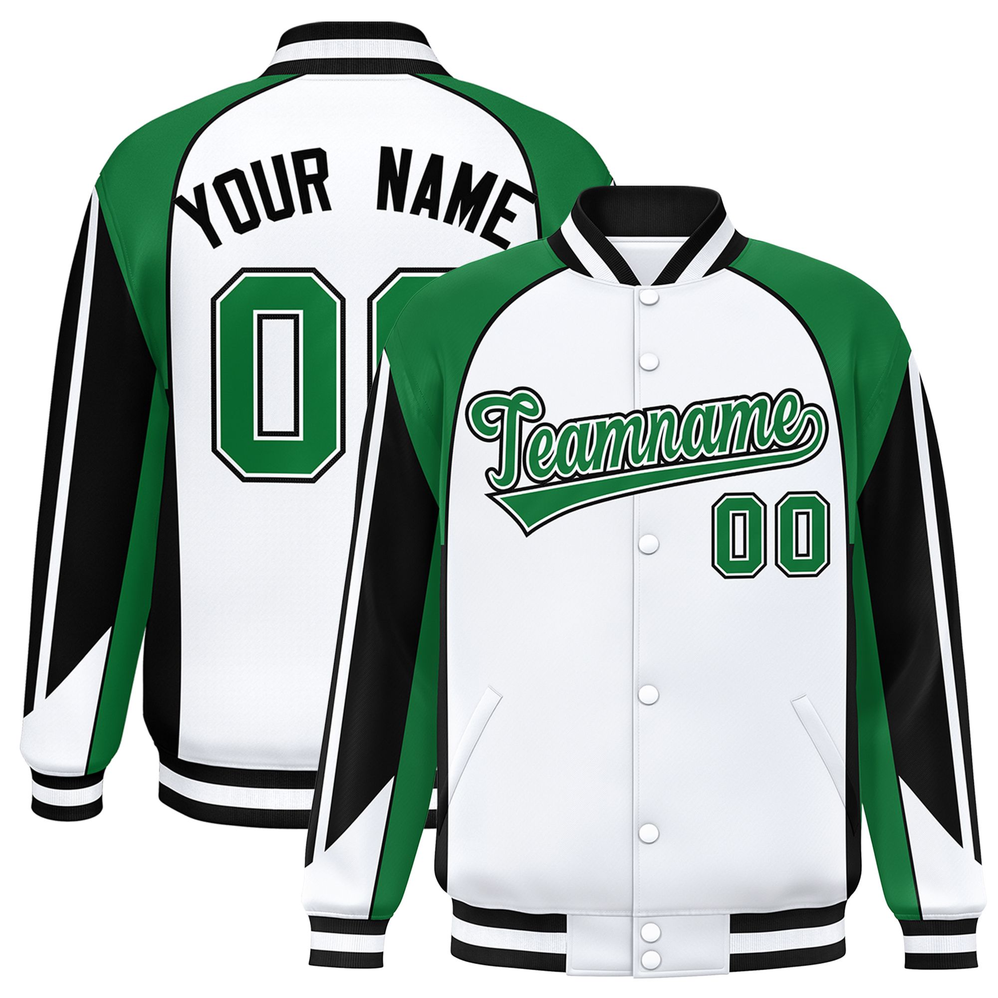 Custom White Kelly Green Varsity Full-Snap Personalized Raglan Sleeves Color Block Letterman Jacket