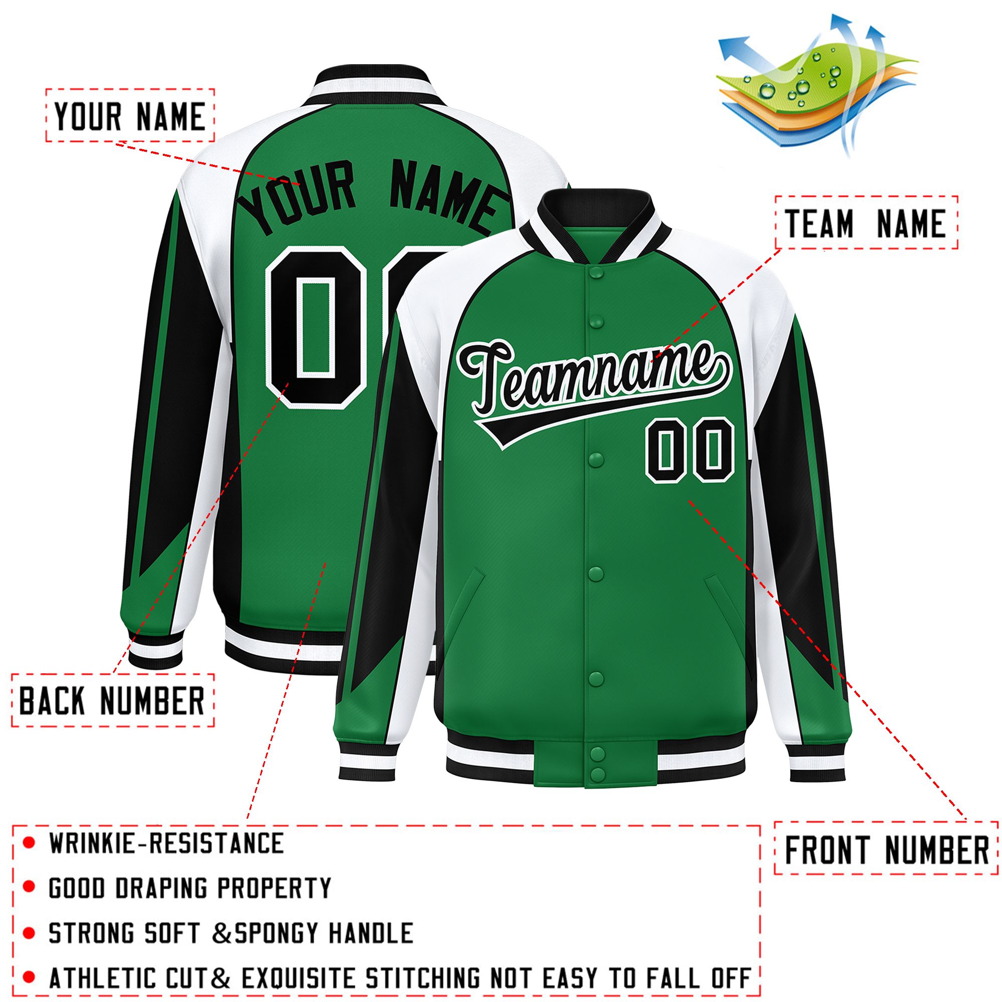 Custom Kelly Green White Varsity Full-Snap Personalized Raglan Sleeves Color Block Letterman Jacket