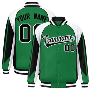 Custom Kelly Green White Varsity Full-Snap Personalized Raglan Sleeves Color Block Letterman Jacket