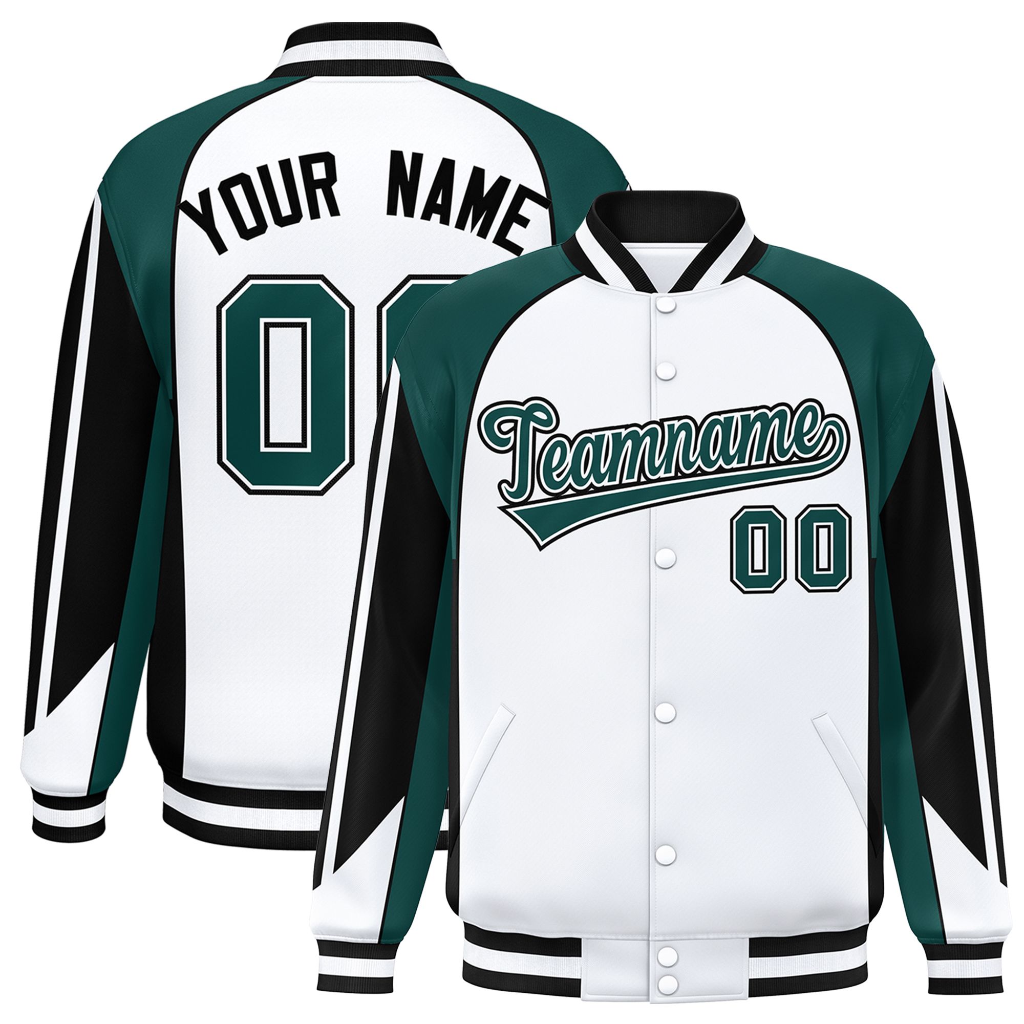 Custom White Midnight Green Varsity Full-Snap Personalized Raglan Sleeves Color Block Letterman Jacket