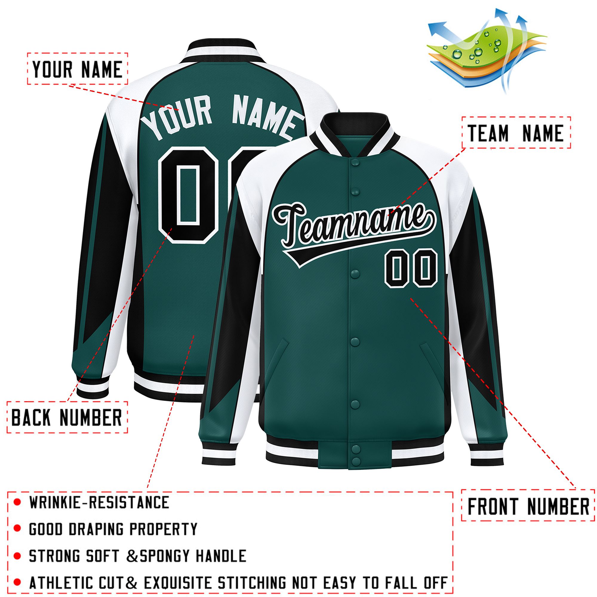 Custom Midnight Green White Varsity Full-Snap Personalized Raglan Sleeves Color Block Letterman Jacket