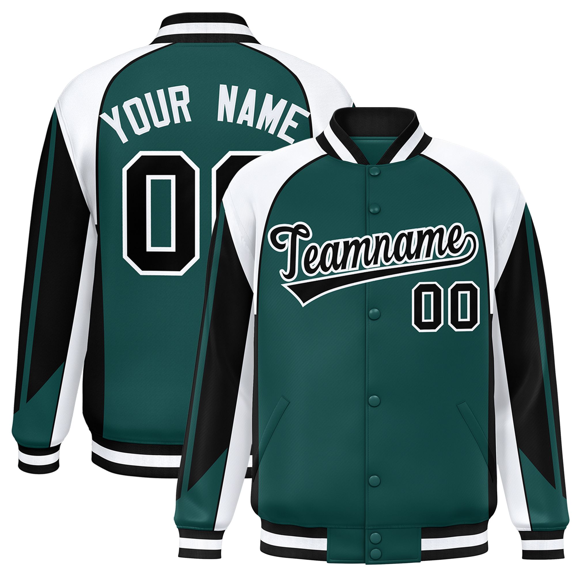 Custom Midnight Green White Varsity Full-Snap Personalized Raglan Sleeves Color Block Letterman Jacket