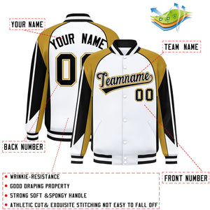 Custom White Old Gold Varsity Full-Snap Personalized Raglan Sleeves Color Block Letterman Jacket