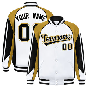 Custom White Old Gold Varsity Full-Snap Personalized Raglan Sleeves Color Block Letterman Jacket