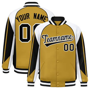 Custom Old Gold White Varsity Full-Snap Personalized Raglan Sleeves Color Block Letterman Jacket