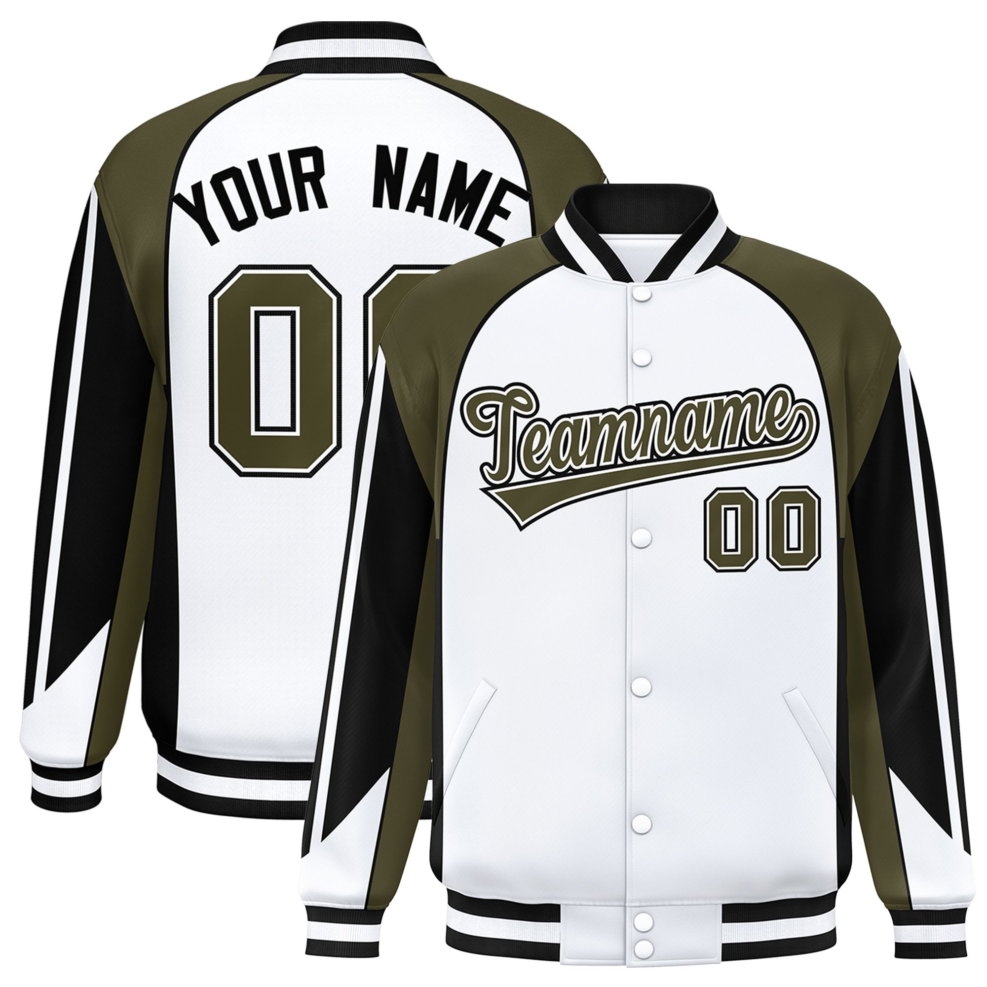 Custom White Olive Varsity Full-Snap Personalized Raglan Sleeves Color Block Letterman Jacket