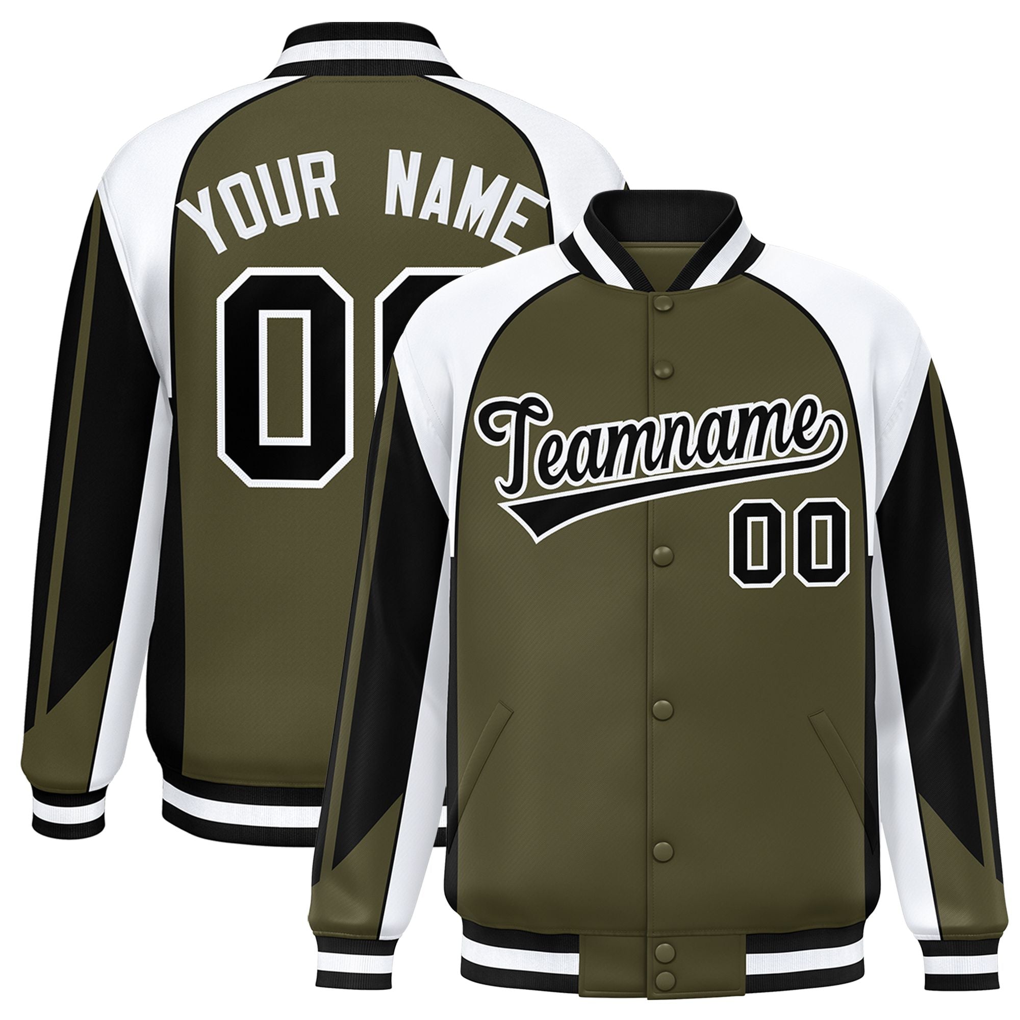 Custom Olive White Varsity Full-Snap Personalized Raglan Sleeves Color Block Letterman Jacket