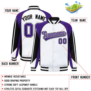 Custom White Purple Varsity Full-Snap Personalized Raglan Sleeves Color Block Letterman Jacket