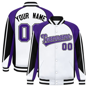 Custom White Purple Varsity Full-Snap Personalized Raglan Sleeves Color Block Letterman Jacket