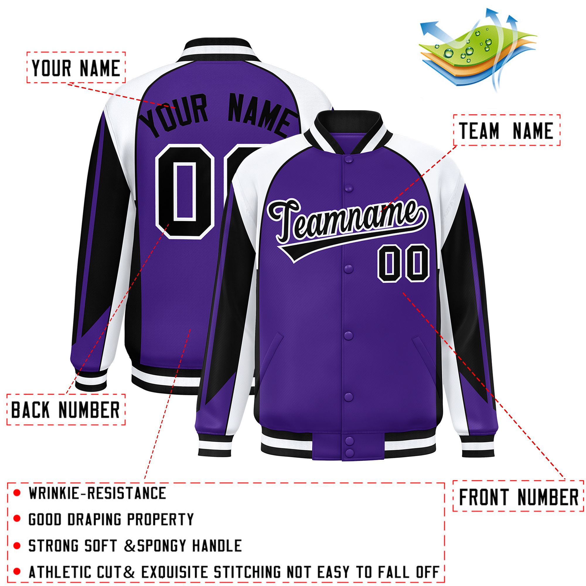 Custom Purple White Varsity Full-Snap Personalized Raglan Sleeves Color Block Letterman Jacket