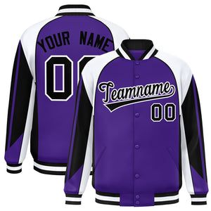 Custom Purple White Varsity Full-Snap Personalized Raglan Sleeves Color Block Letterman Jacket