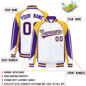 Custom White Gold Varsity Full-Snap Personalized Raglan Sleeves Color Block Letterman Jacket