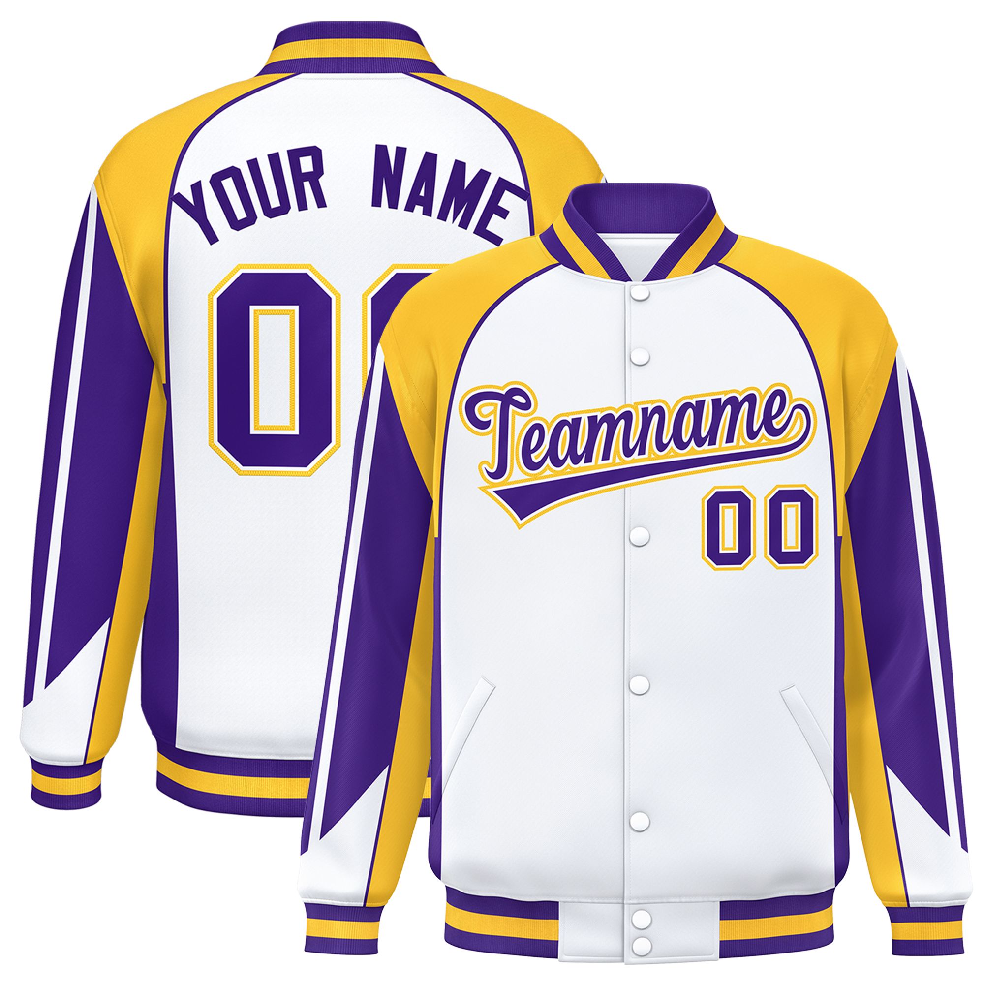 Custom White Gold Varsity Full-Snap Personalized Raglan Sleeves Color Block Letterman Jacket