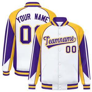 Custom White Gold Varsity Full-Snap Personalized Raglan Sleeves Color Block Letterman Jacket