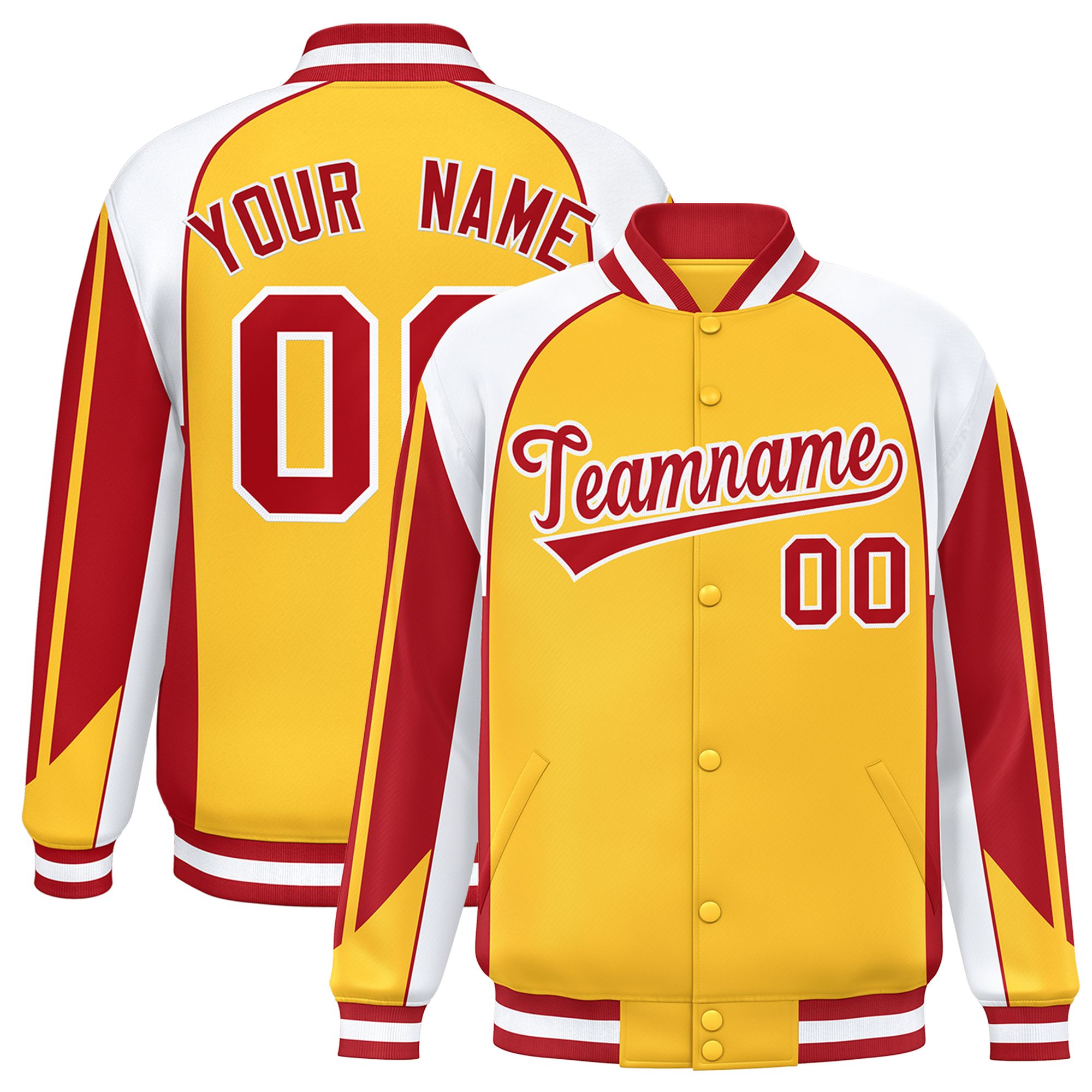 Custom Gold White Varsity Full-Snap Personalized Raglan Sleeves Color Block Letterman Jacket