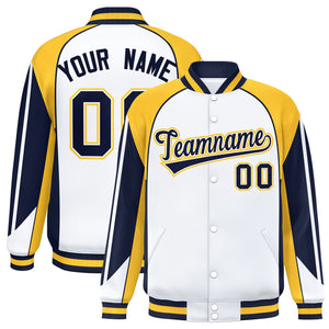 Custom White Gold Varsity Full-Snap Personalized Raglan Sleeves Color Block Letterman Jacket