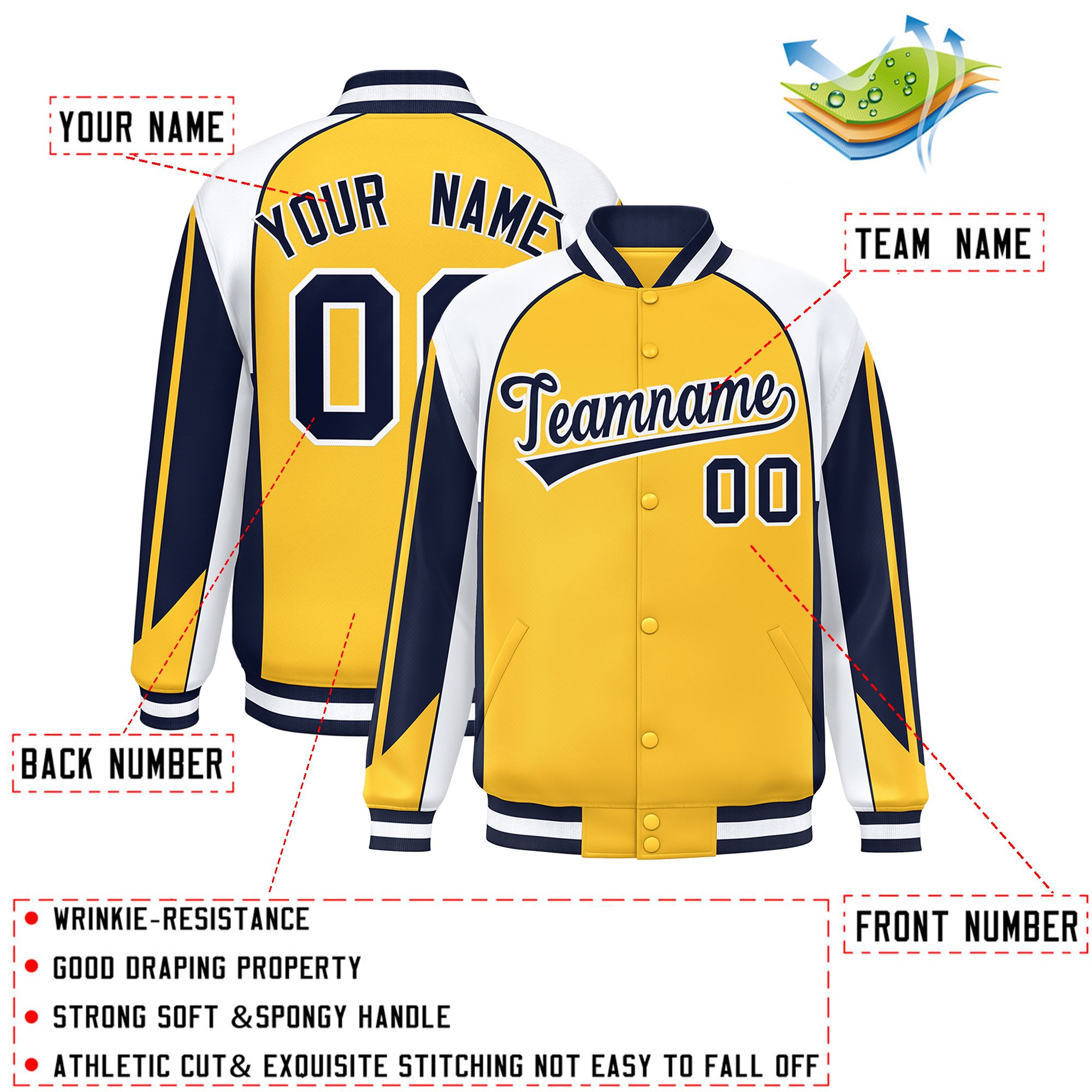 Custom Gold White Varsity Full-Snap Personalized Raglan Sleeves Color Block Letterman Jacket