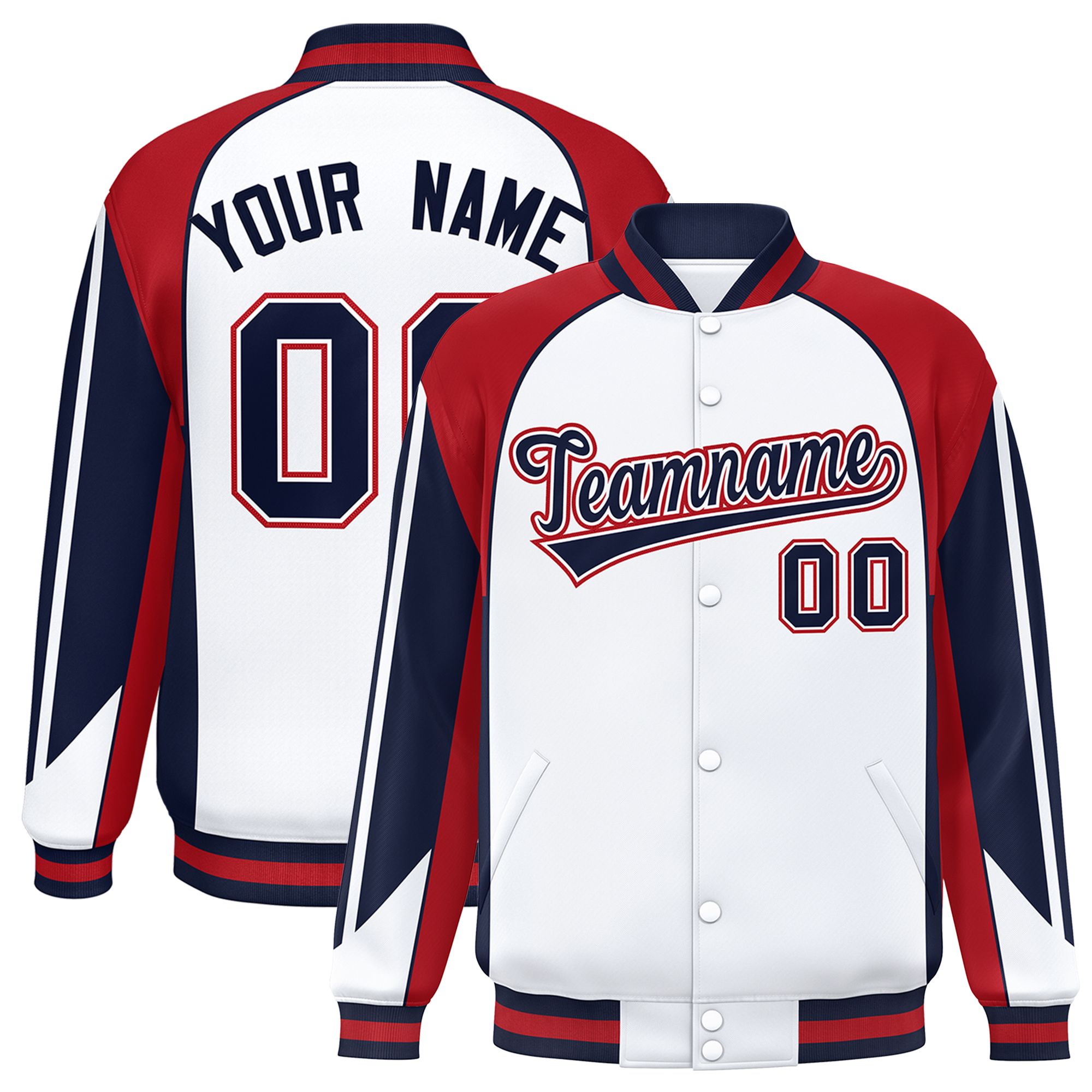 Custom White Red Varsity Full-Snap Personalized Raglan Sleeves Color Block Letterman Jacket