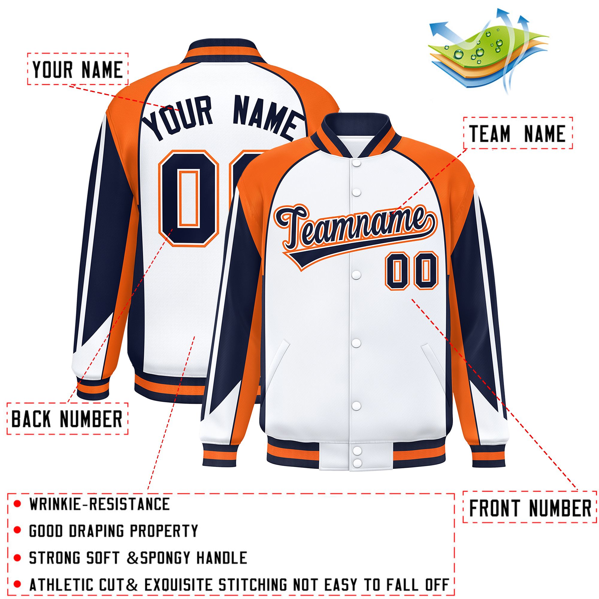 Custom White Orange Varsity Full-Snap Personalized Raglan Sleeves Color Block Letterman Jacket