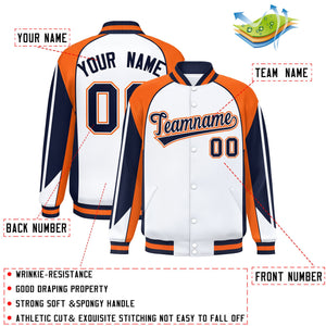 Custom White Orange Varsity Full-Snap Personalized Raglan Sleeves Color Block Letterman Jacket