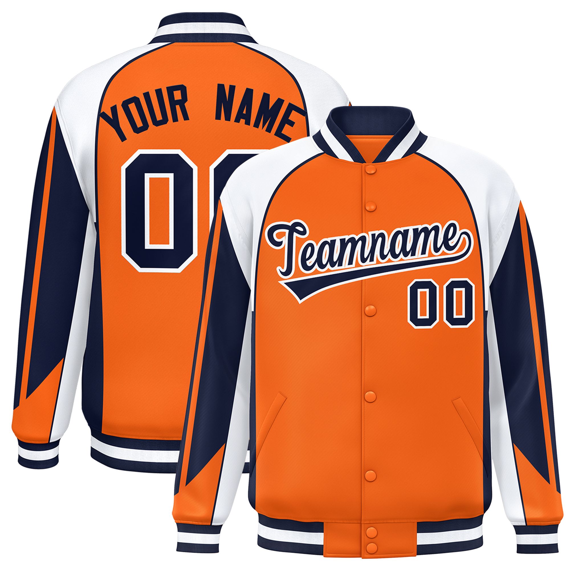 Custom Orange White Varsity Full-Snap Personalized Raglan Sleeves Color Block Letterman Jacket